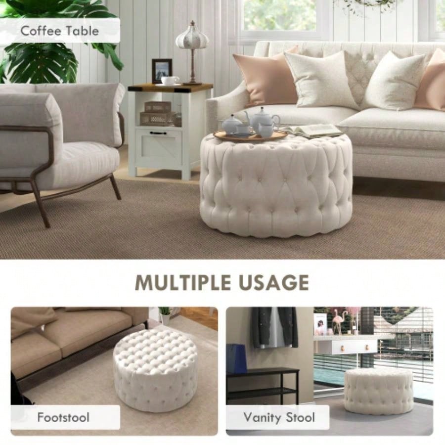 HOMCOM 31.5 Round Ottoman, Large Velvet - Feel Upholstered Foot Stool with Button Tufted Design and Padded Living Room, Entryway, Beige