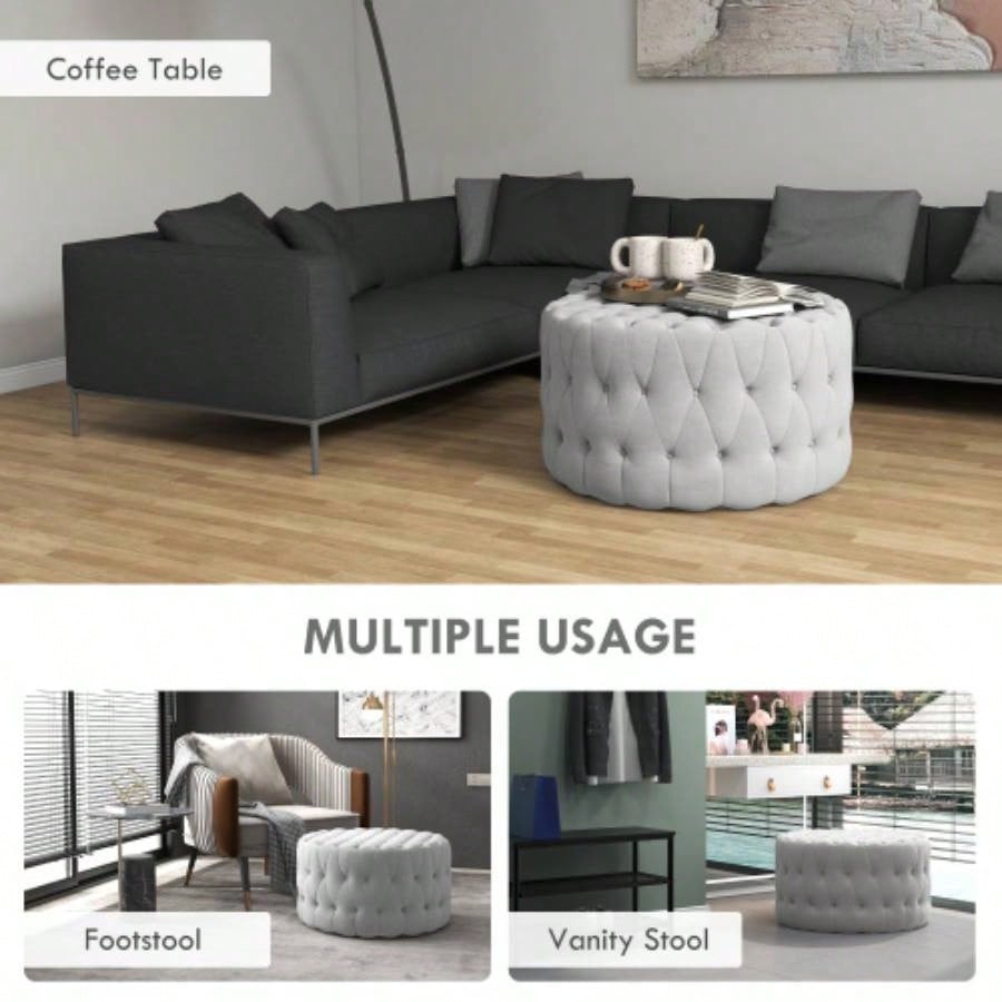 HOMCOM Button Tufted Ottoman Foot Stool with Velvet - feel Upholstery, Gray
