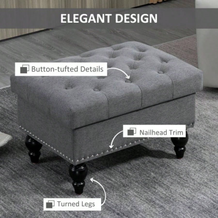 HOMCOM Ottoman with Storage Living Room, 25 Storage Ottoman with Removable Lid, Button - Tufted Fabric Footrest and with Wood, Gray