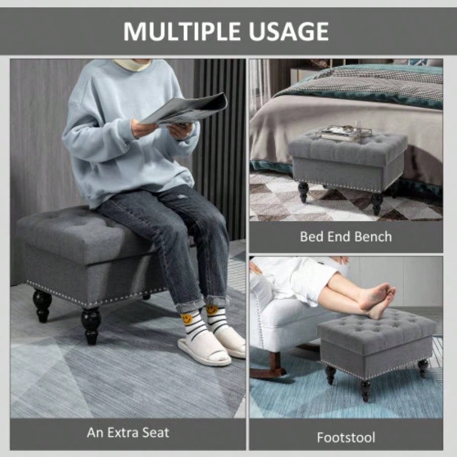 HOMCOM Ottoman with Storage Living Room, 25 Storage Ottoman with Removable Lid, Button - Tufted Fabric Footrest and with Wood, Gray