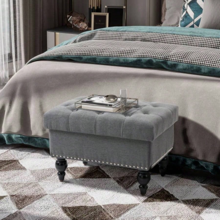 HOMCOM Ottoman with Storage Living Room, 25 Storage Ottoman with Removable Lid, Button - Tufted Fabric Footrest and with Wood, Gray