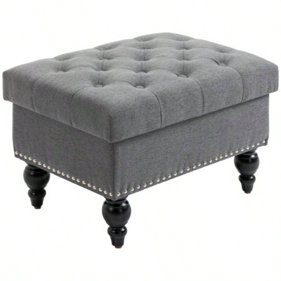 HOMCOM Ottoman with Storage Living Room, 25 Storage Ottoman with Removable Lid, Button - Tufted Fabric Footrest and with Wood, Gray