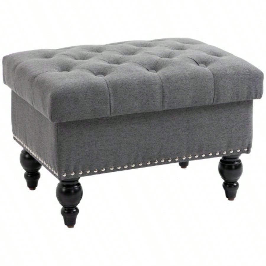 HOMCOM Ottoman with Storage Living Room, 25 Storage Ottoman with Removable Lid, Button - Tufted Fabric Footrest and with Wood, Gray