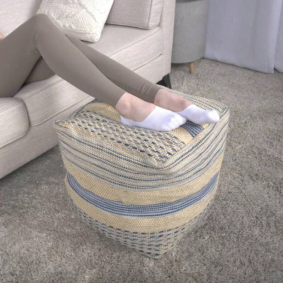 Western Handcrafted Fabric Pouf, Natural Blue