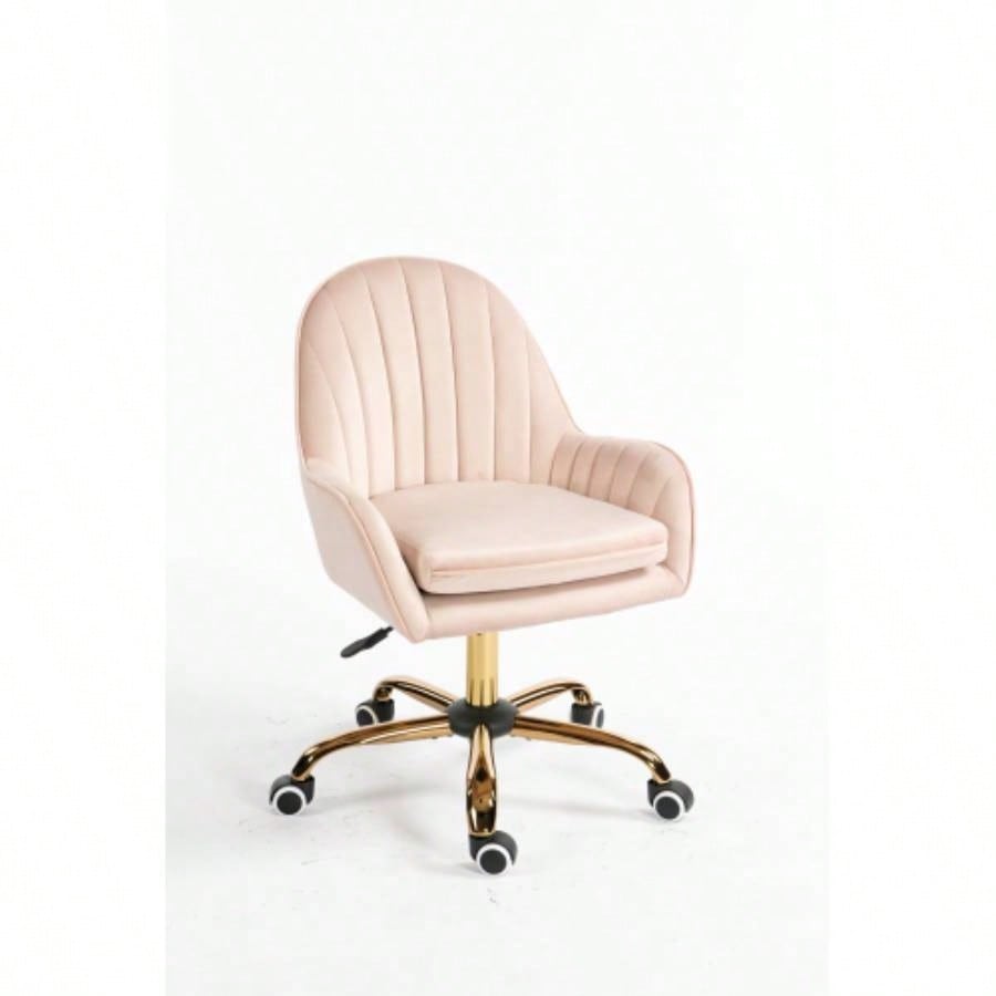 Velvet Home Office Chair with Wheels, Cute Chair with Side Arms and Gold Metal Base Living Room, Bedroom, and Vanity Room, Bling Desk Nail Desk Women, Adjustable Height, Pink