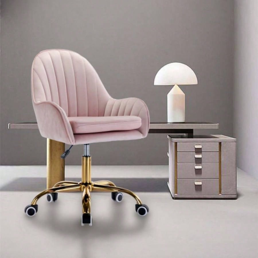 Velvet Home Office Chair with Wheels, Cute Chair with Side Arms and Gold Metal Base Living Room, Bedroom, and Vanity Room, Bling Desk Nail Desk Women, Adjustable Height, Pink