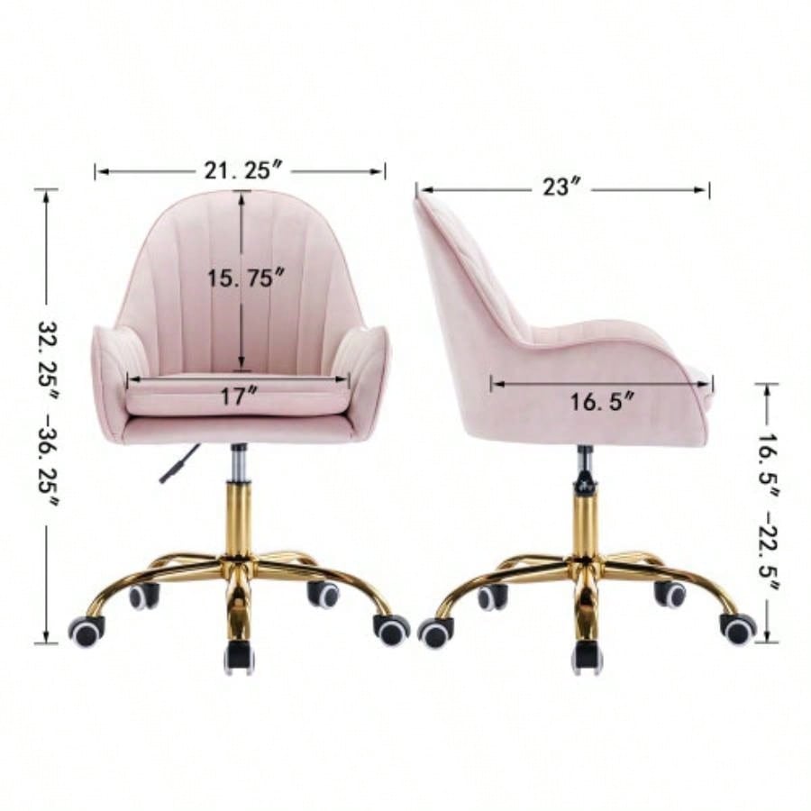 Velvet Home Office Chair with Wheels, Cute Chair with Side Arms and Gold Metal Base Living Room, Bedroom, and Vanity Room, Bling Desk Nail Desk Women, Adjustable Height, Pink