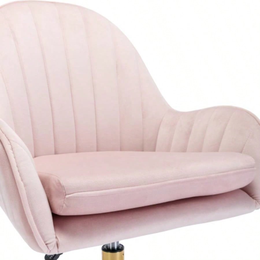 Velvet Home Office Chair with Wheels, Cute Chair with Side Arms and Gold Metal Base Living Room, Bedroom, and Vanity Room, Bling Desk Nail Desk Women, Adjustable Height, Pink