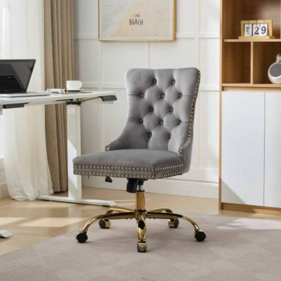 AA Furniture Office Chair, Modern Velvet Upholstered Tufted Button Home Office Chair with Golden Metal Base, Adjustable Desk Chair Swivel Office Chair Beige