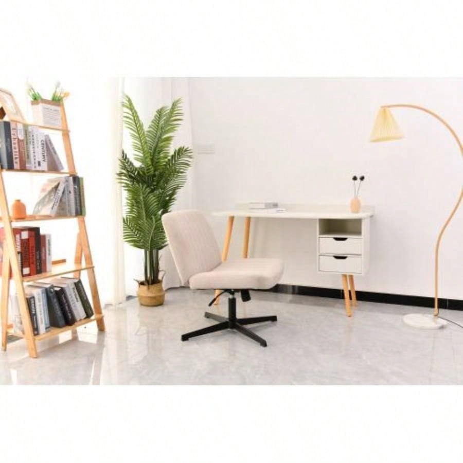 Legged Office Chair, Wide Comfty Desk Chair, Fabric Vanity Home Chair No Wheels Armless Computer Task Chair, Swivel and Height Adjustable