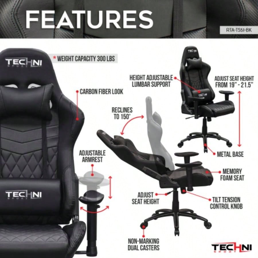 Techni Sport TS - 5100 Ergonomic High Back Racer Style PC Gaming Chair, Black