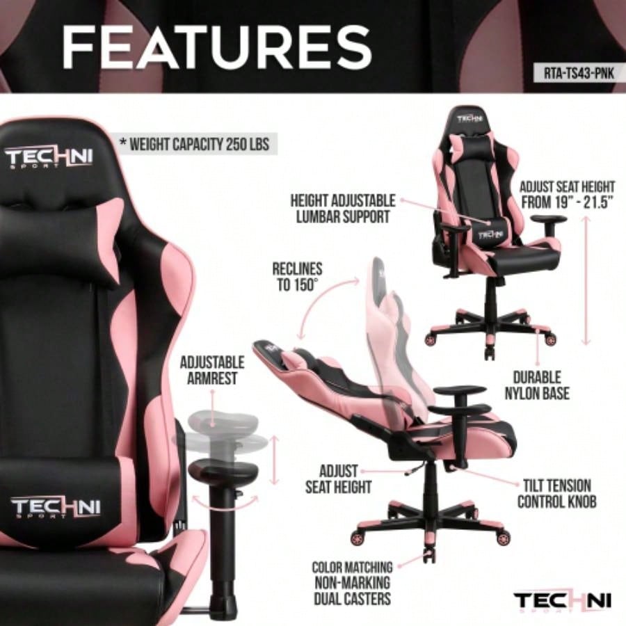 Techni Sport TS - 4300 Ergonomic High Back Racer Style PC Gaming Chair, Pink