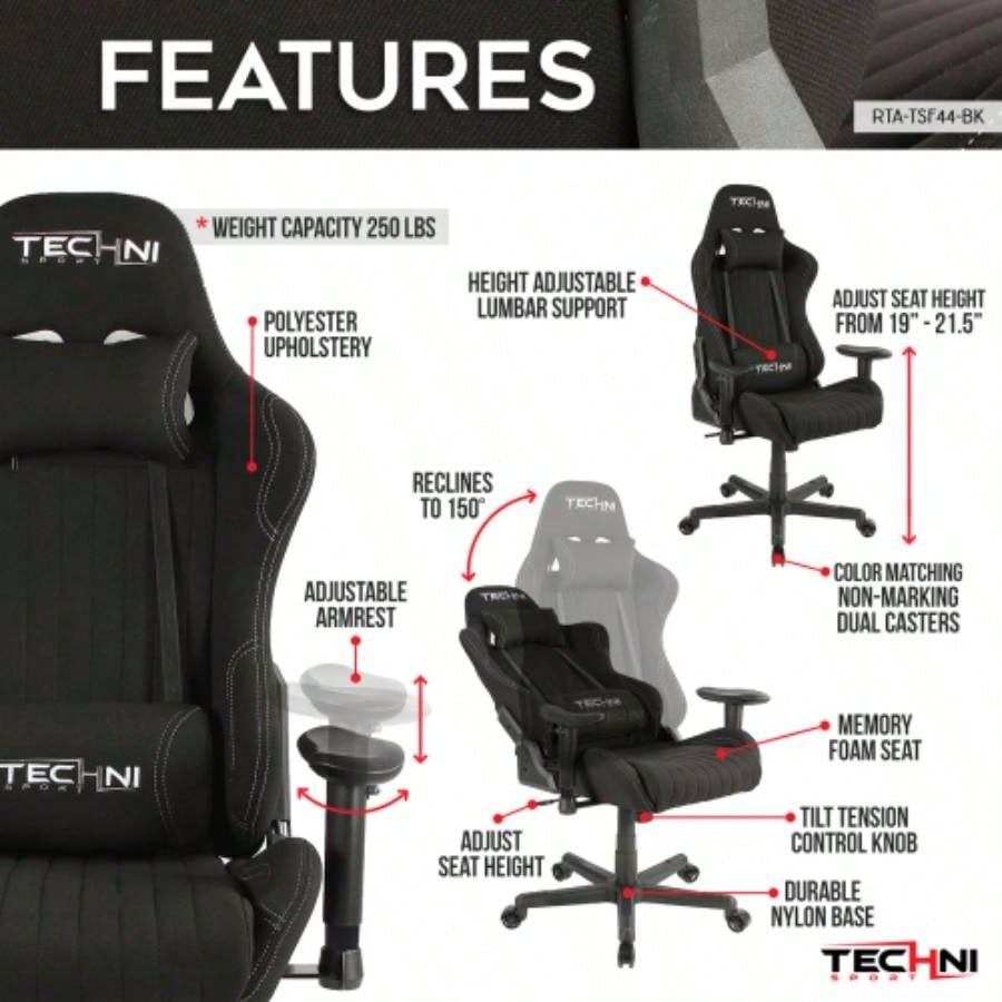 Techni Sport TS - F44 Fabric Ergonomic High Back Racer Style PC Gaming Chair, Black