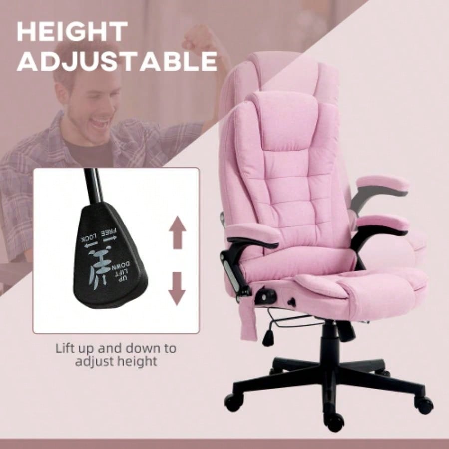 HOMCOM 6 Point Vibrating Massage Office Chair with Heat, Linen High Back Executive Office Chair with Reclining Backrest, Padded Armrests and Remote, Pink