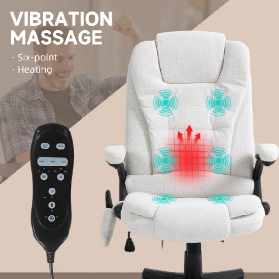 HOMCOM 6 Point Vibrating Massage Office Chair with Heat, Linen High Back Executive Office Chair with Reclining Backrest, Padded Armrests and Remote, White