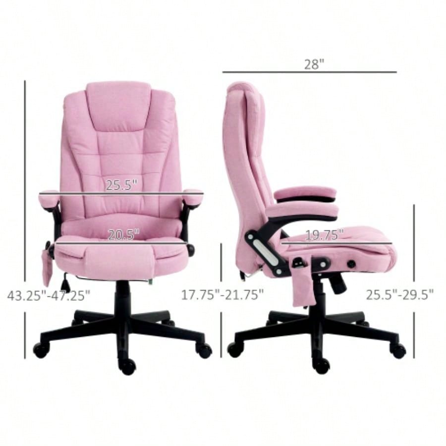 HOMCOM 6 Point Vibrating Massage Office Chair with Heat, Linen High Back Executive Office Chair with Reclining Backrest, Padded Armrests and Remote, Pink