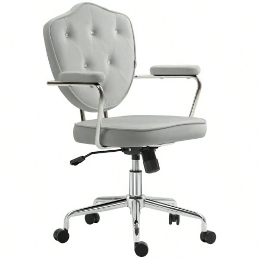 HOMCOM Cute Home Office Chair, Computer Desk Chair with Button Tufted Velvet - Feel Fabric, Swivel Vanity Chair, Gray