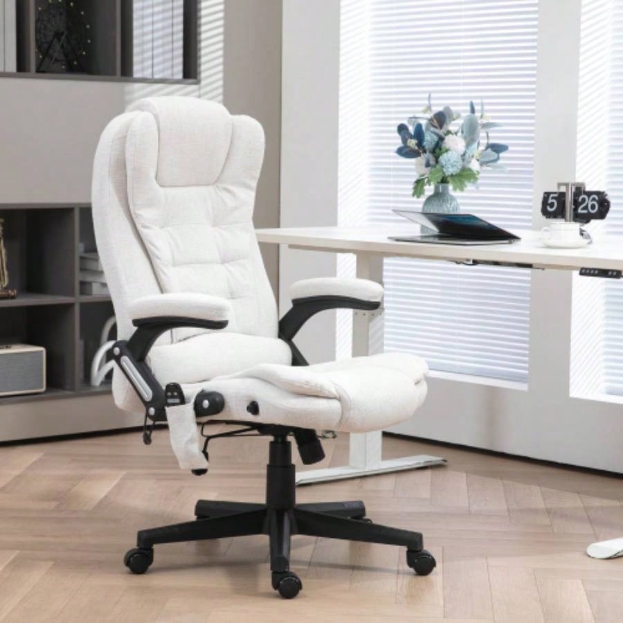 HOMCOM 6 Point Vibrating Massage Office Chair with Heat, Linen High Back Executive Office Chair with Reclining Backrest, Padded Armrests and Remote, White