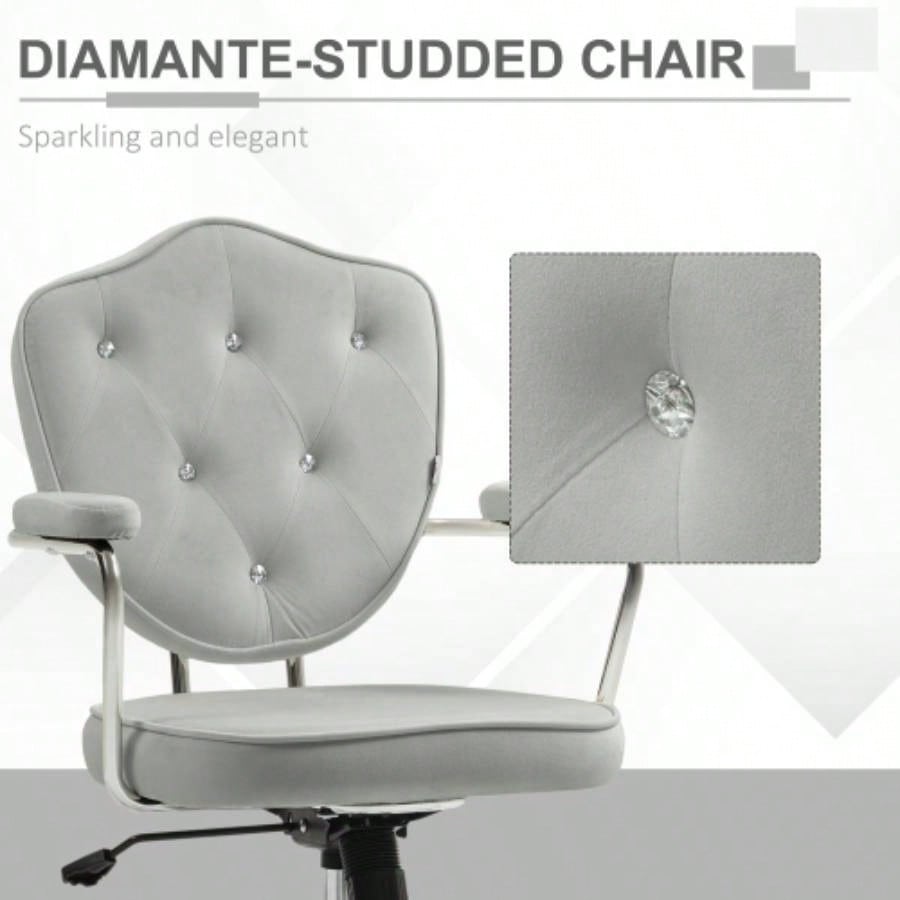 HOMCOM Cute Home Office Chair, Computer Desk Chair with Button Tufted Velvet - Feel Fabric, Swivel Vanity Chair, Gray