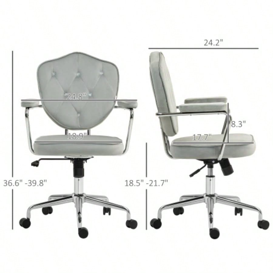 HOMCOM Cute Home Office Chair, Computer Desk Chair with Button Tufted Velvet - Feel Fabric, Swivel Vanity Chair, Gray