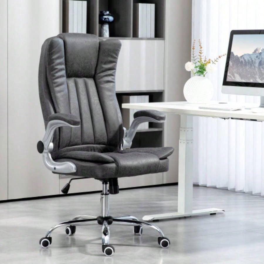 HOMCOM Executive Office Chair with Padded Flip - up Arms, Microfiber High Back Desk Chair, Swivel Computer Chair with Adjustable Height and Tilt Function, Gray