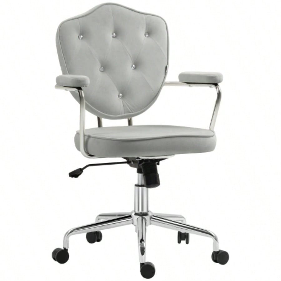 HOMCOM Cute Home Office Chair, Computer Desk Chair with Button Tufted Velvet - Feel Fabric, Swivel Vanity Chair, Gray