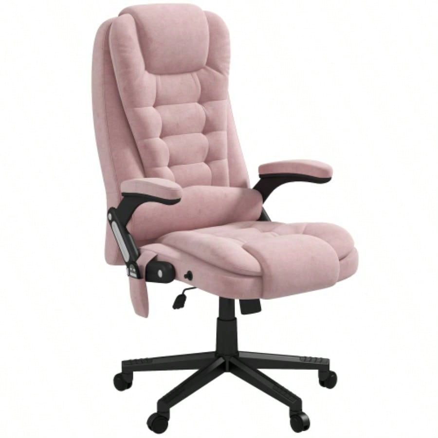 HOMCOM 6 Point Vibrating Massage Office Chair with Heat, Velvet High Back Executive Office Chair with Reclining Backrest, Padded Armrests and Remote, Pink