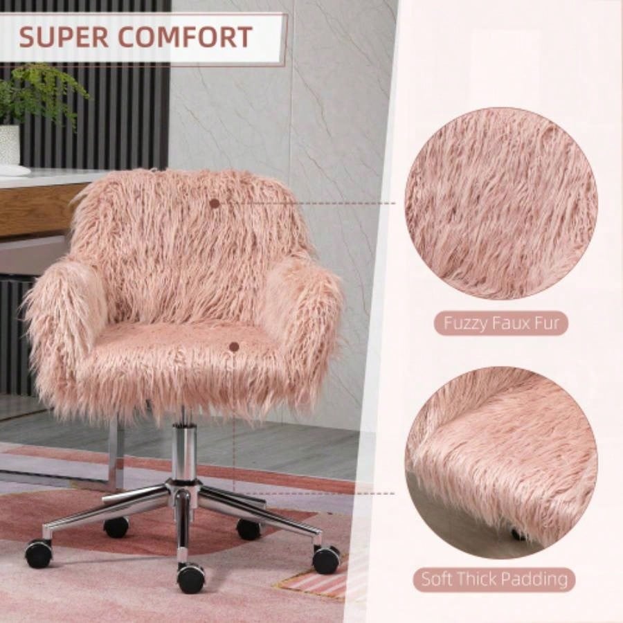 Vinsetto Faux Fur Desk Chair, Swivel Vanity Chair with Adjustable Height and Wheels Office, Bedroom, Pink