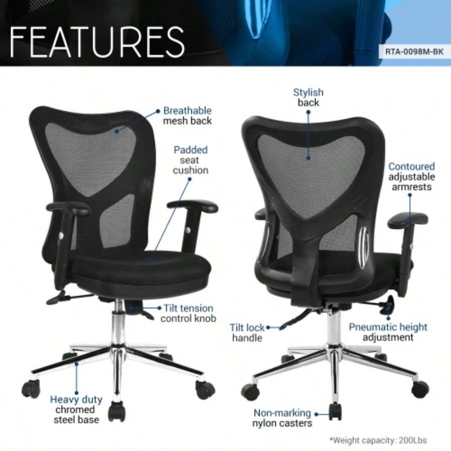Techni Mobili High Back Mesh Office Chair With Base, Black
