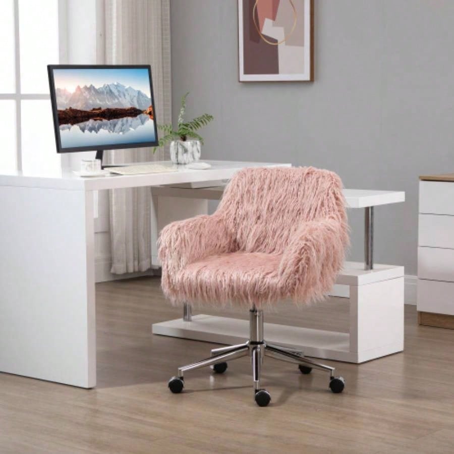 Vinsetto Faux Fur Desk Chair, Swivel Vanity Chair with Adjustable Height and Wheels Office, Bedroom, Pink