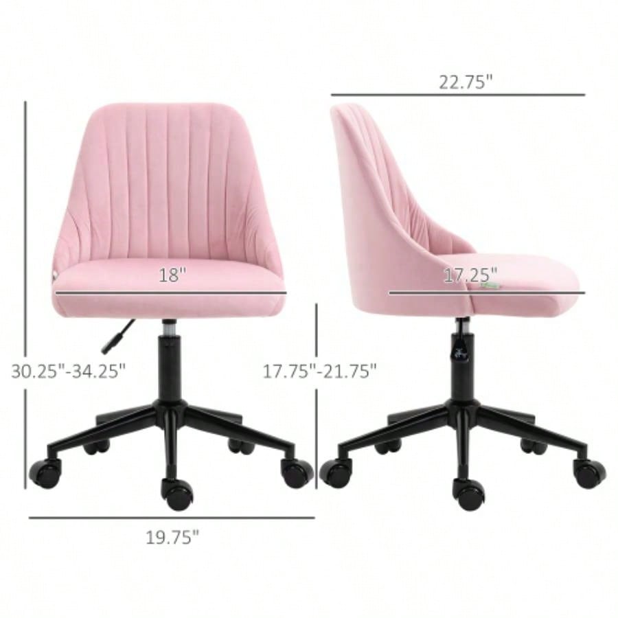 Vinsetto Mid - Back Office Chair, Velvet Fabric Swivel Scallop Shape Computer Desk Chair Home Office or Bedroom, Pink