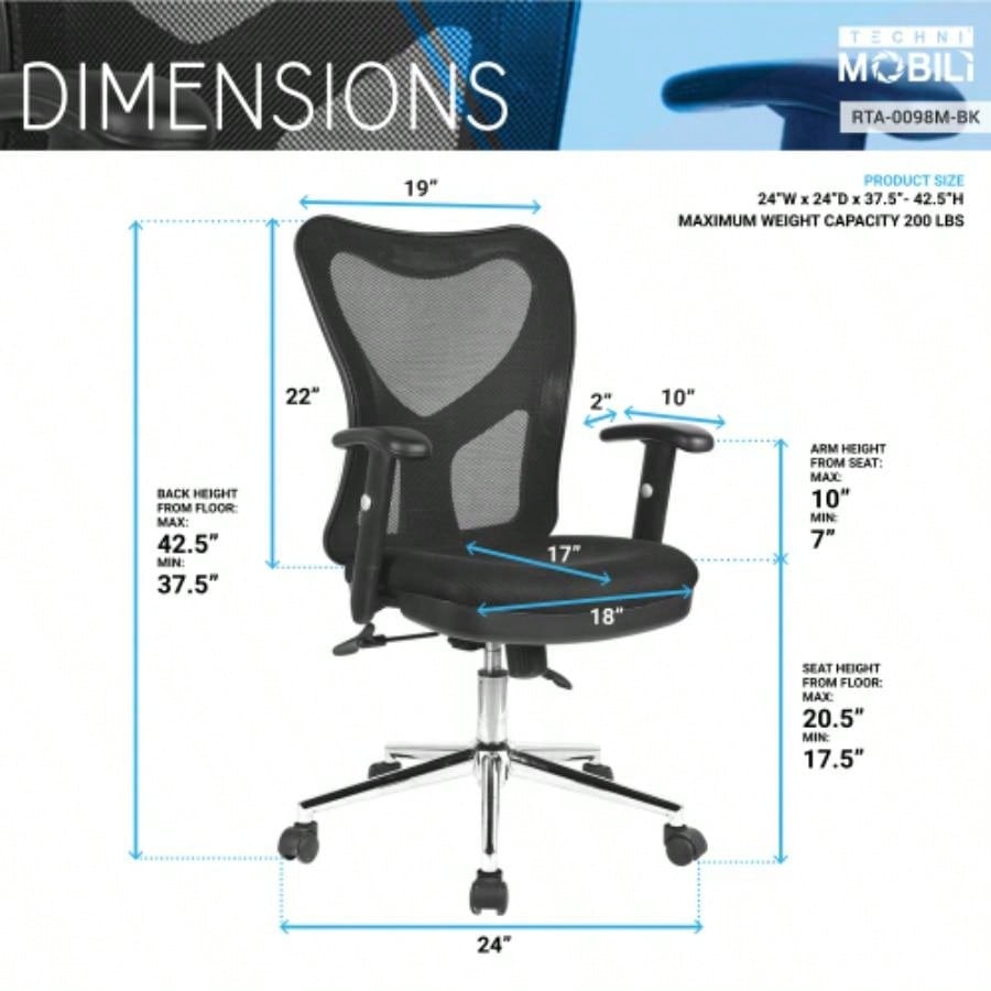 Techni Mobili High Back Mesh Office Chair With Base, Black