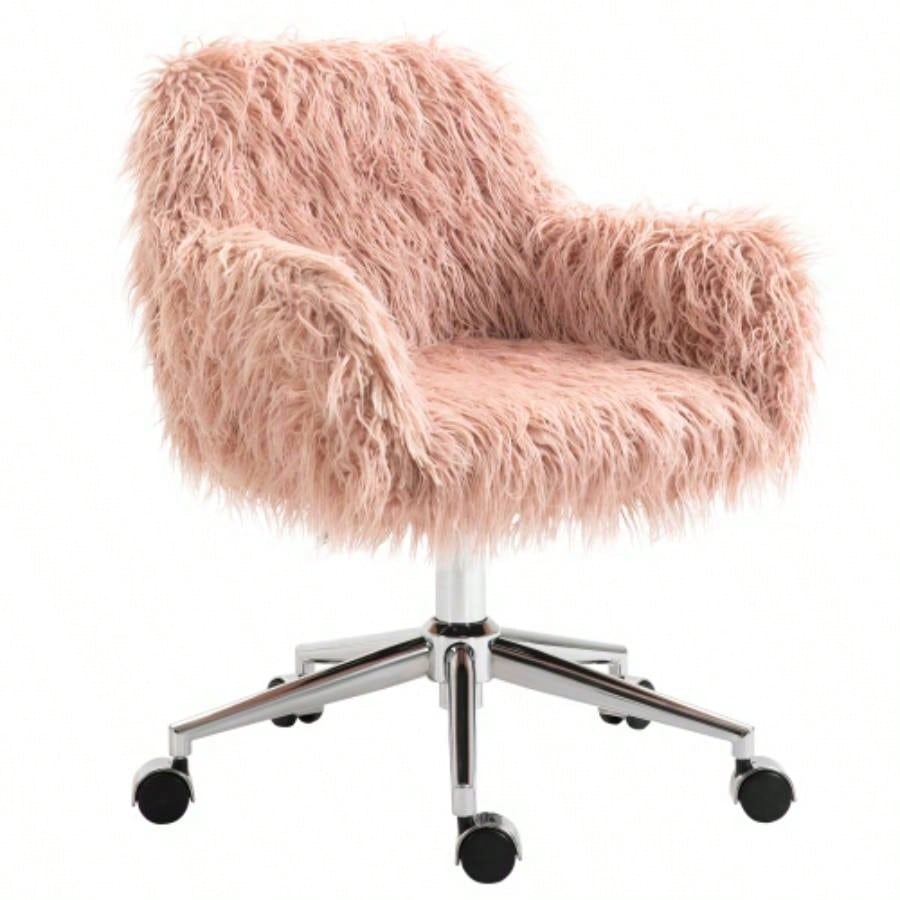 Vinsetto Faux Fur Desk Chair, Swivel Vanity Chair with Adjustable Height and Wheels Office, Bedroom, Pink