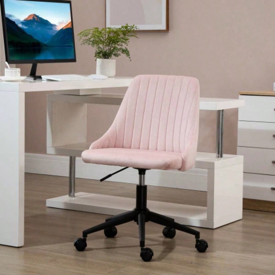 Vinsetto Mid - Back Office Chair, Velvet Fabric Swivel Scallop Shape Computer Desk Chair Home Office or Bedroom, Pink