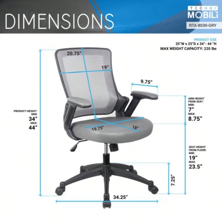 Techni Mobili Mid - Back Mesh Task Office Chair with Height Adjustable Arms,