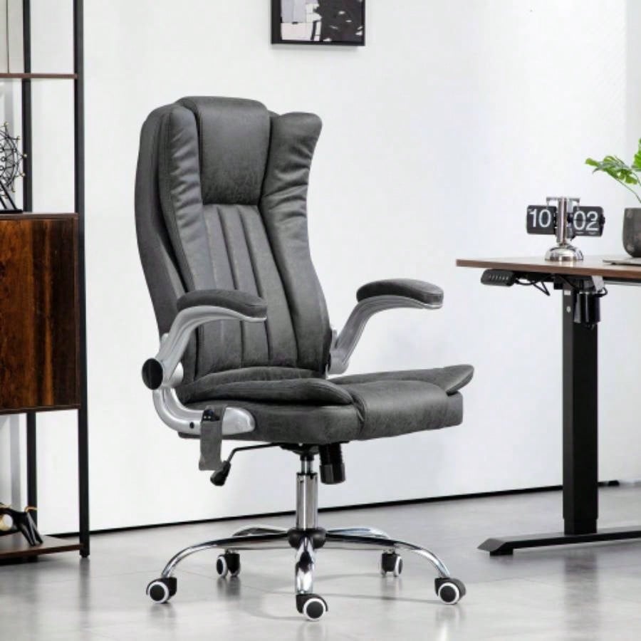 HOMCOM High Back Vibration Massage Office Chair, Leathaire Heated Computer Chair with Flip - up Armrest, Swivel Wheels Adjustable Height, Gray