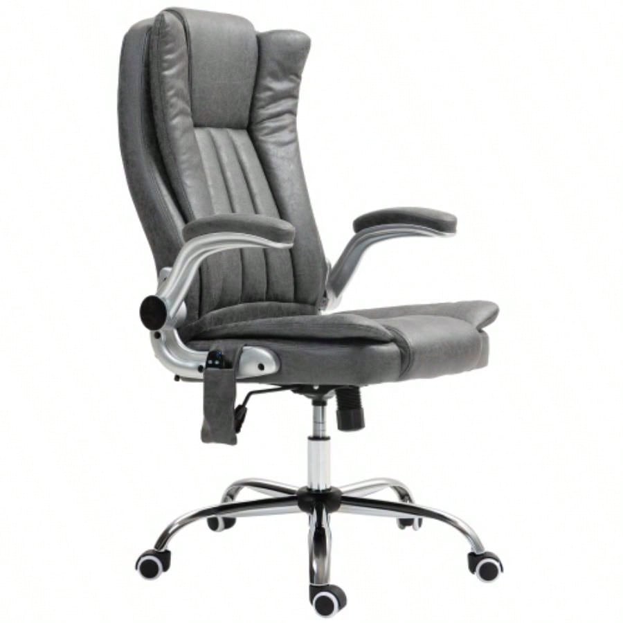 HOMCOM High Back Vibration Massage Office Chair, Leathaire Heated Computer Chair with Flip - up Armrest, Swivel Wheels Adjustable Height, Gray