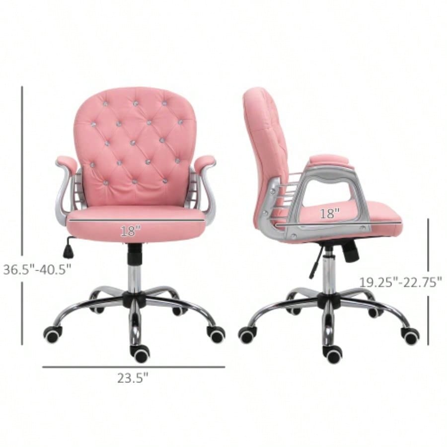 PU Leather Home Office Chair, Button Tufted Desk Chair with Padded Armrests, Adjustable Height and Swivel Wheels, Pink
