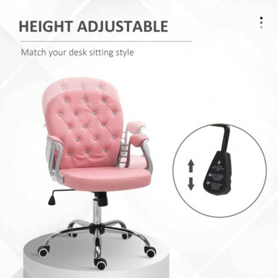 PU Leather Home Office Chair, Button Tufted Desk Chair with Padded Armrests, Adjustable Height and Swivel Wheels, Pink