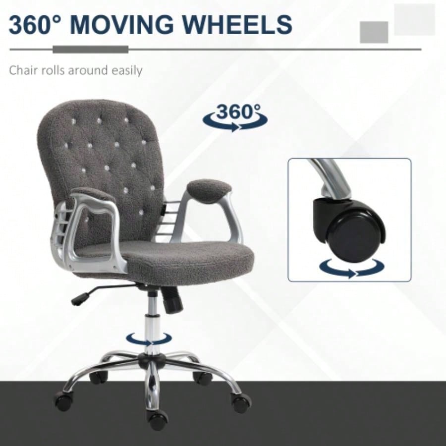 Vinsetto Teddy Fleece Home Office Chair, Button Tufted Desk Chair with Padded Armrests, Adjustable Height and Swivel Wheels, Dark Gray