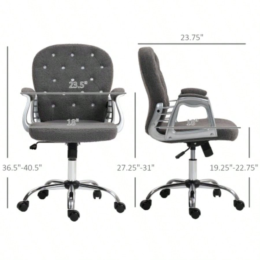 Vinsetto Teddy Fleece Home Office Chair, Button Tufted Desk Chair with Padded Armrests, Adjustable Height and Swivel Wheels, Dark Gray