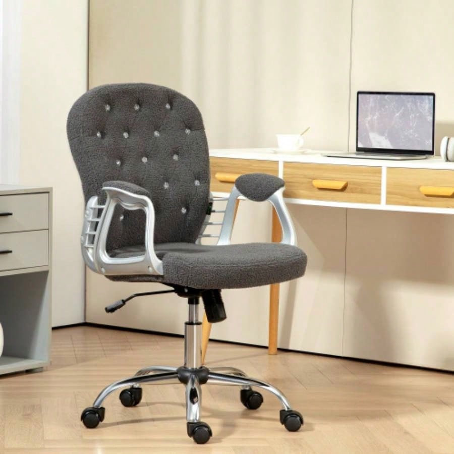 Vinsetto Teddy Fleece Home Office Chair, Button Tufted Desk Chair with Padded Armrests, Adjustable Height and Swivel Wheels, Dark Gray