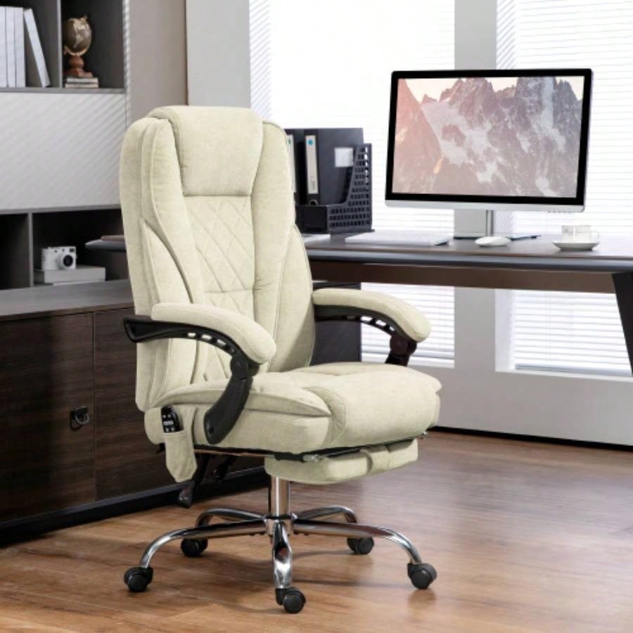 Vinsetto Massage Office Chair with Foot Rest, Executive Office Chair with 6 Vibration Point and Heat, Reclining Computer Chair, Swivel Desk Chair, Adjustable Height, Beige