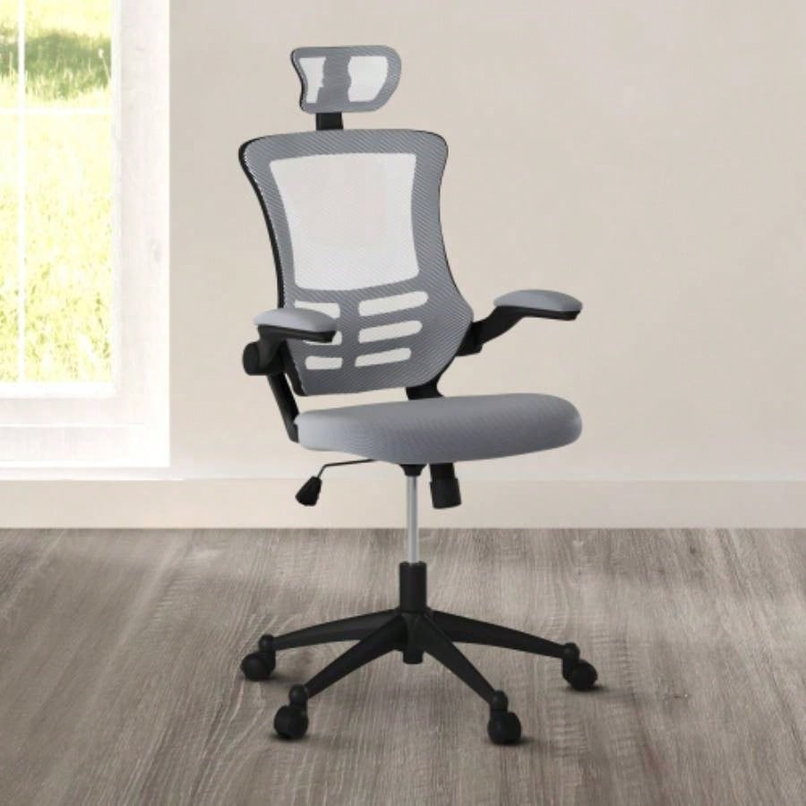 Techni Mobili Modern High - Back Mesh Executive Office Chair with Headrest and Flip - Up Arms, Silver