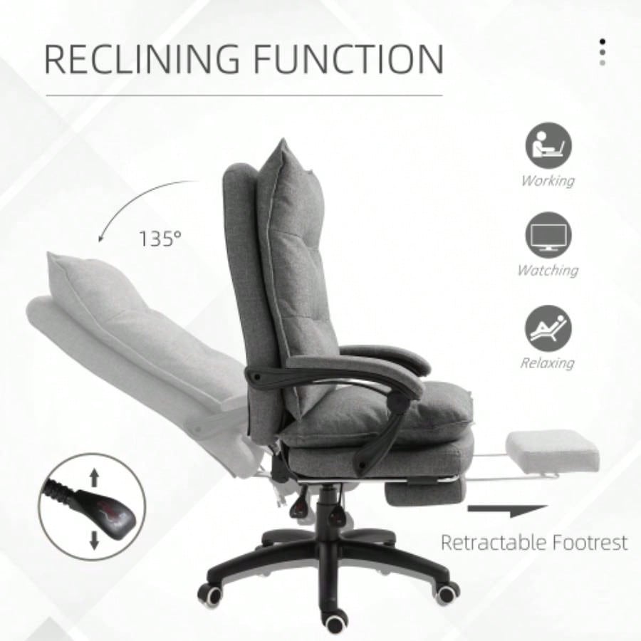 Vinsetto 360 Swivel Executive Home Office Chair Adjustable Height Linen Style Fabric Recliner with Retractable Footrest and Double Padding,