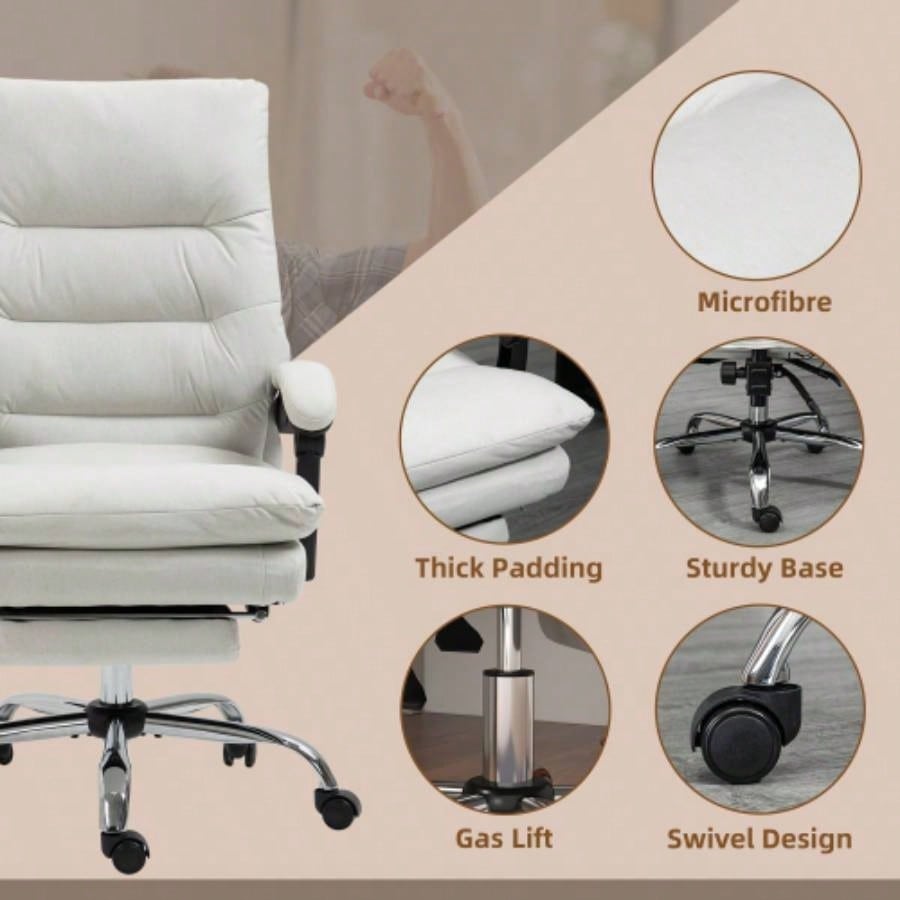 Vinsetto Microfibre Executive Massage Office Chair, Computer Desk Chair, Heated Reclining Chair with Footrest, Double - tier Padding, Swivel Wheels, White