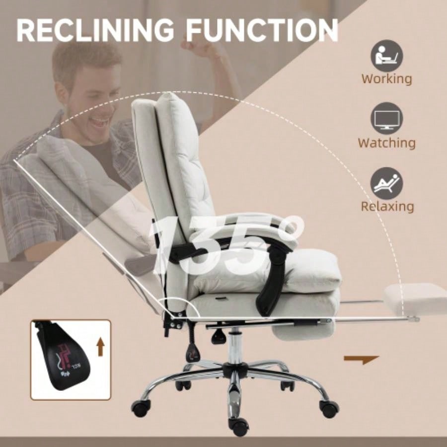 Vinsetto Microfibre Executive Massage Office Chair, Computer Desk Chair, Heated Reclining Chair with Footrest, Double - tier Padding, Swivel Wheels, White