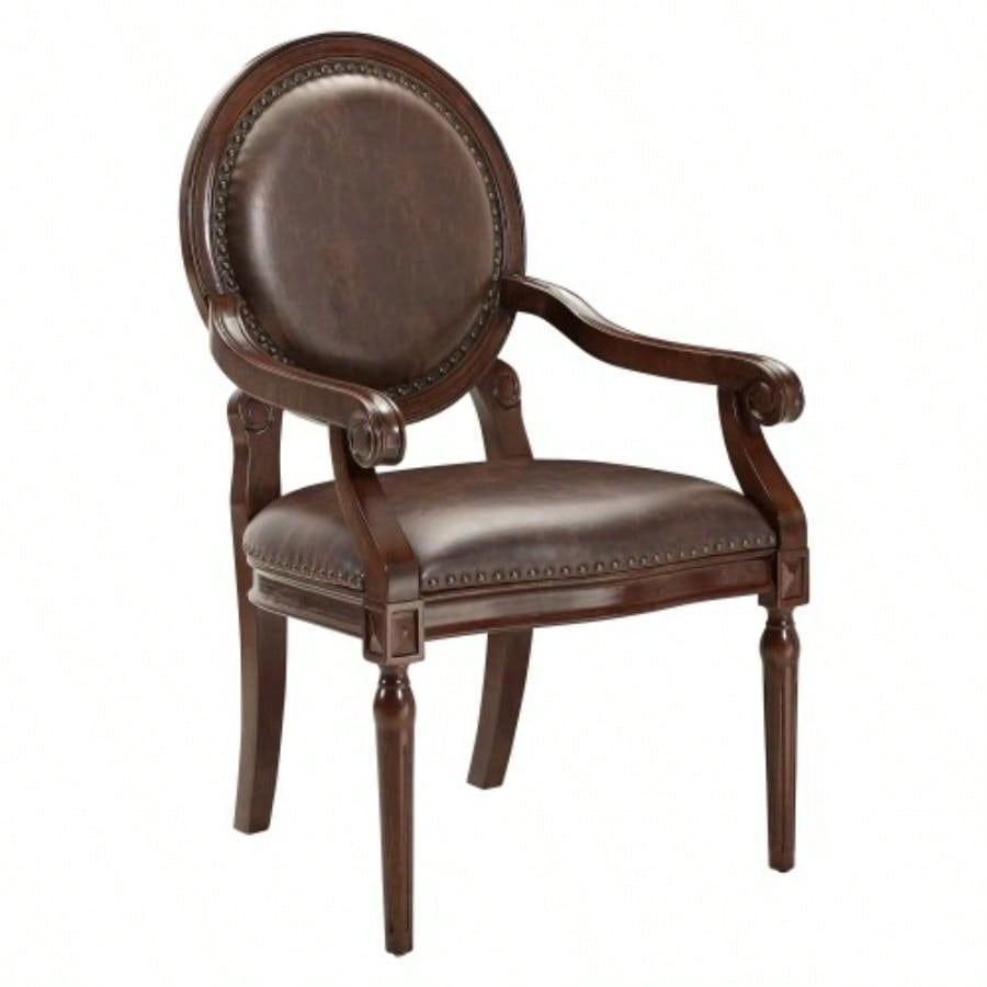 Formal Traditional Armchair Dark Brown Faux Leather Upholstery Nailhead Trim Solid Wood Furniture 1pc Classic Desk Chair