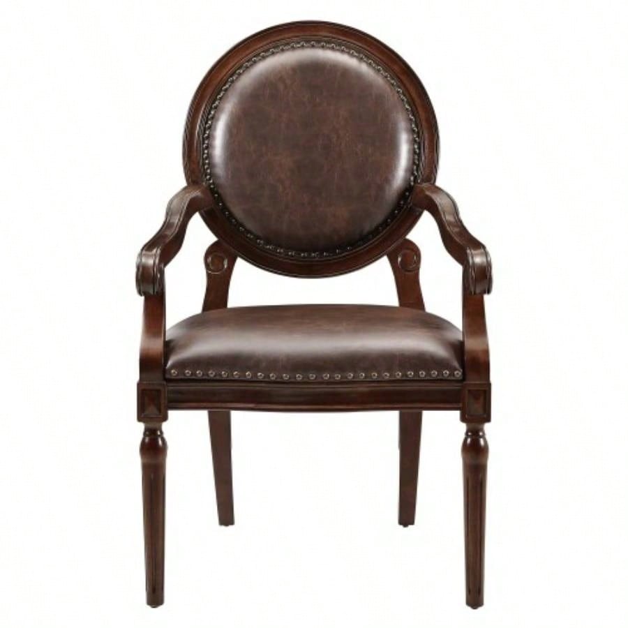 Formal Traditional Armchair Dark Brown Faux Leather Upholstery Nailhead Trim Solid Wood Furniture 1pc Classic Desk Chair