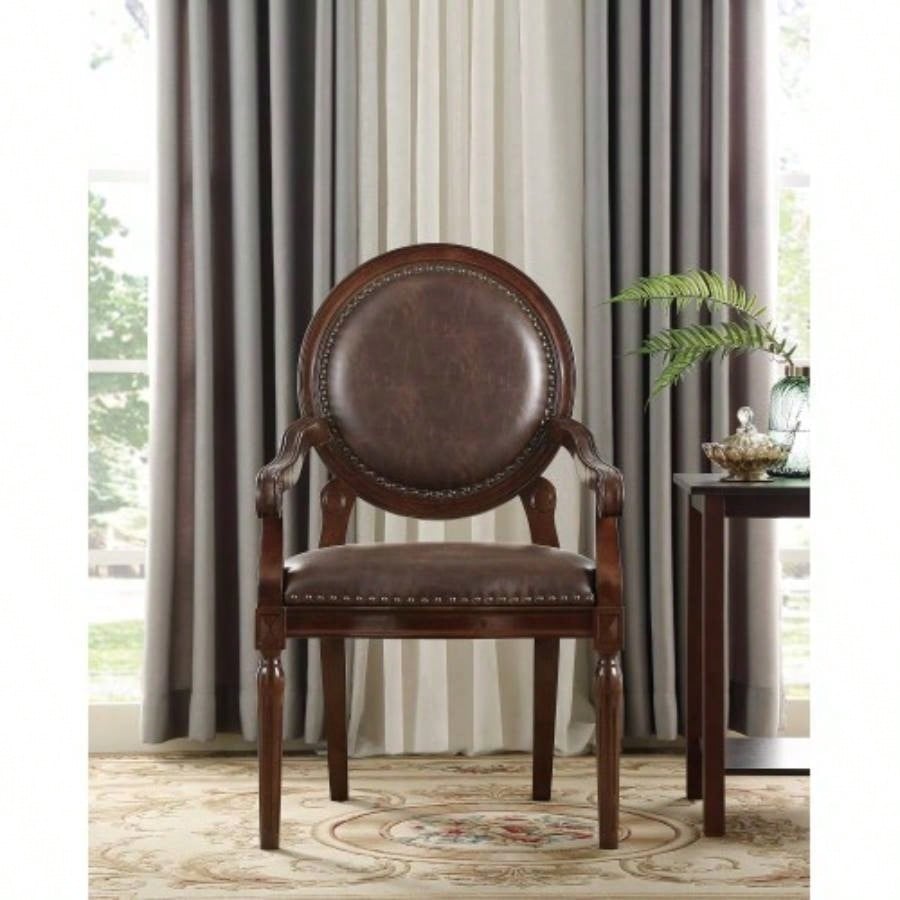 Formal Traditional Armchair Dark Brown Faux Leather Upholstery Nailhead Trim Solid Wood Furniture 1pc Classic Desk Chair